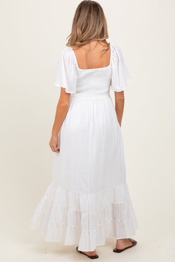 Ivory Smocked Cotton Flutter Sleeve Maternity Maxi Dress