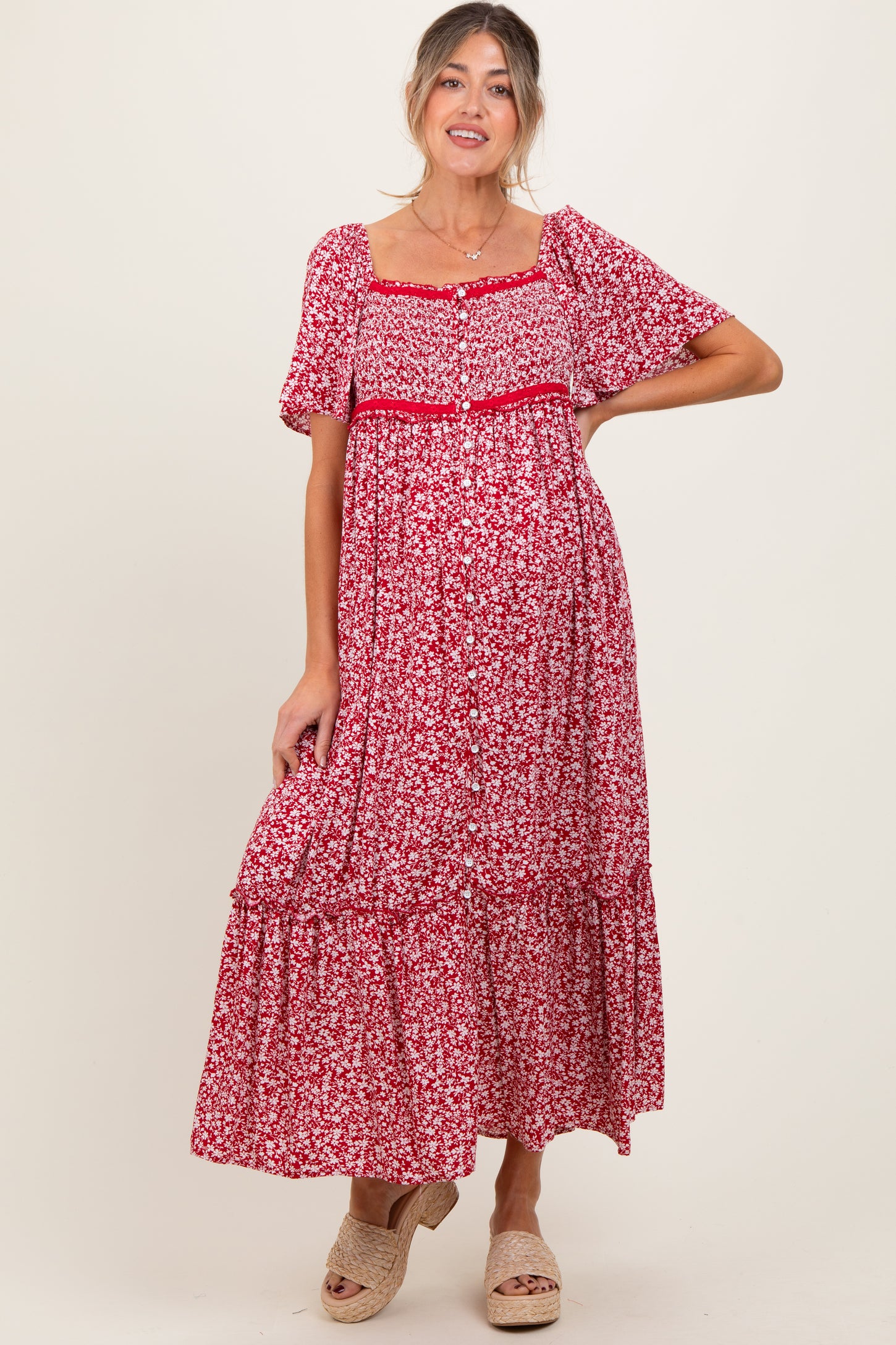 Burgundy Floral Button Front Maternity Midi Dress