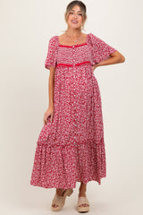 Burgundy Floral Button Front Maternity Midi Dress