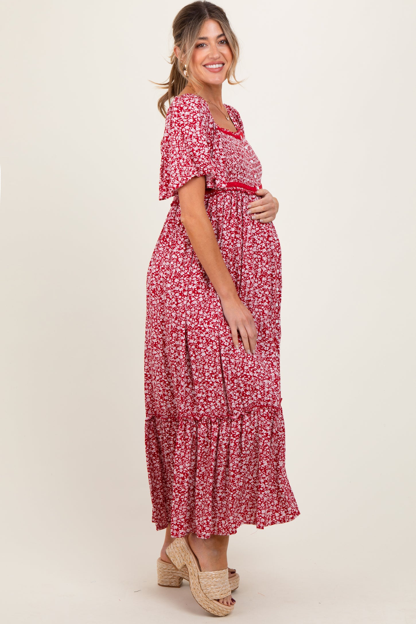 Burgundy Floral Button Front Maternity Midi Dress