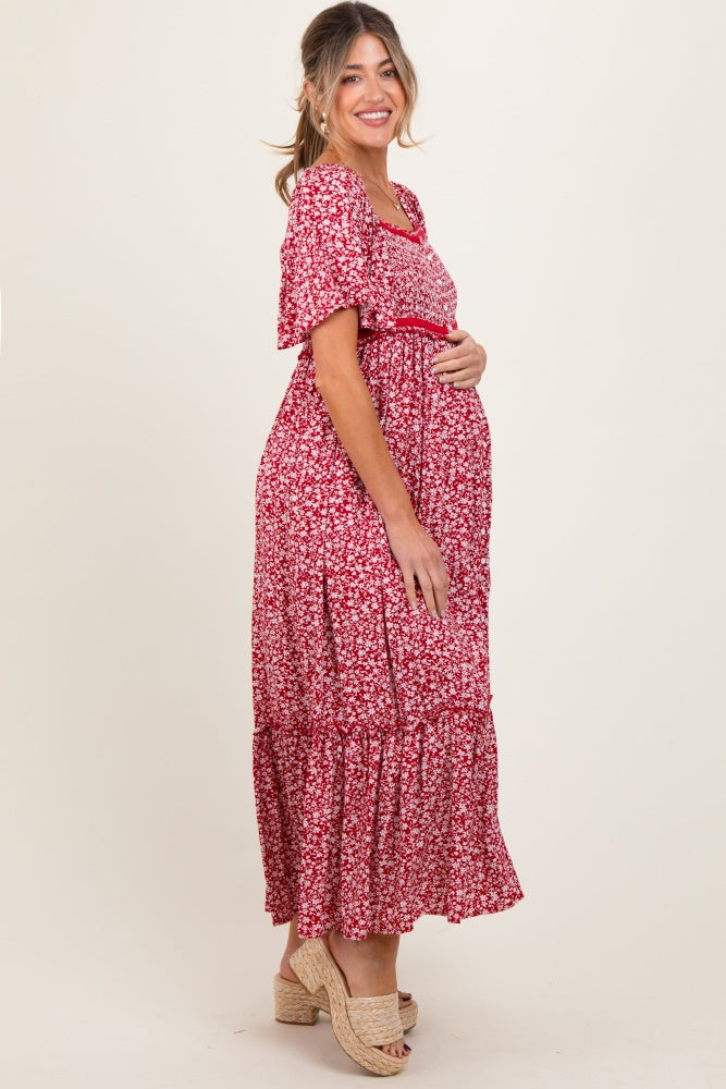 Burgundy Floral Button Front Maternity Midi Dress