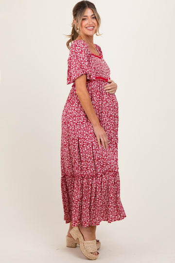 Burgundy Floral Button Front Maternity Midi Dress