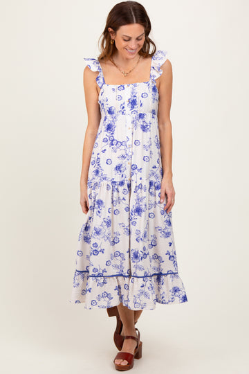 Navy Floral Ruffle Strap Tiered Midi Dress