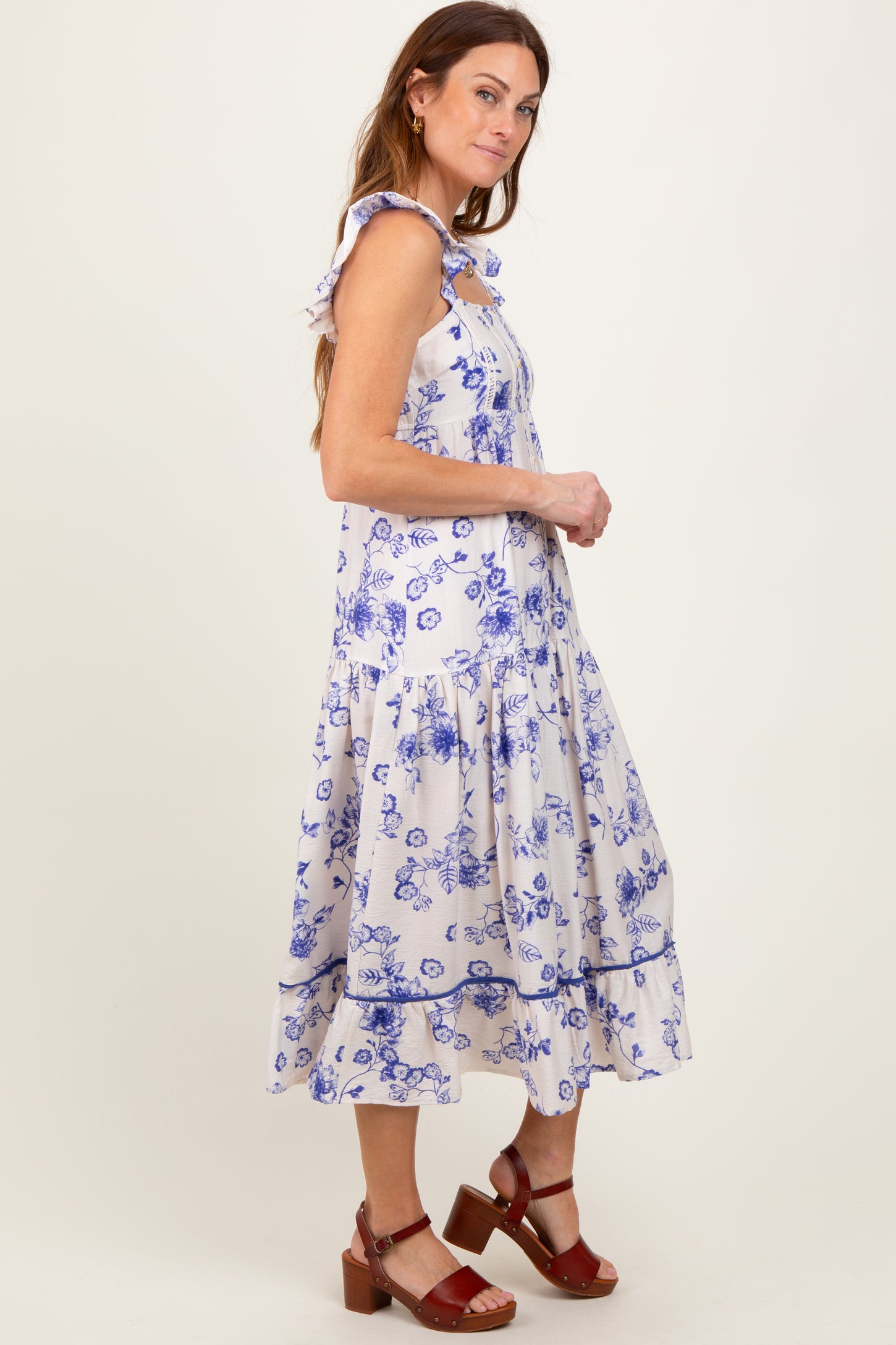 Navy Floral Ruffle Strap Tiered Midi Dress