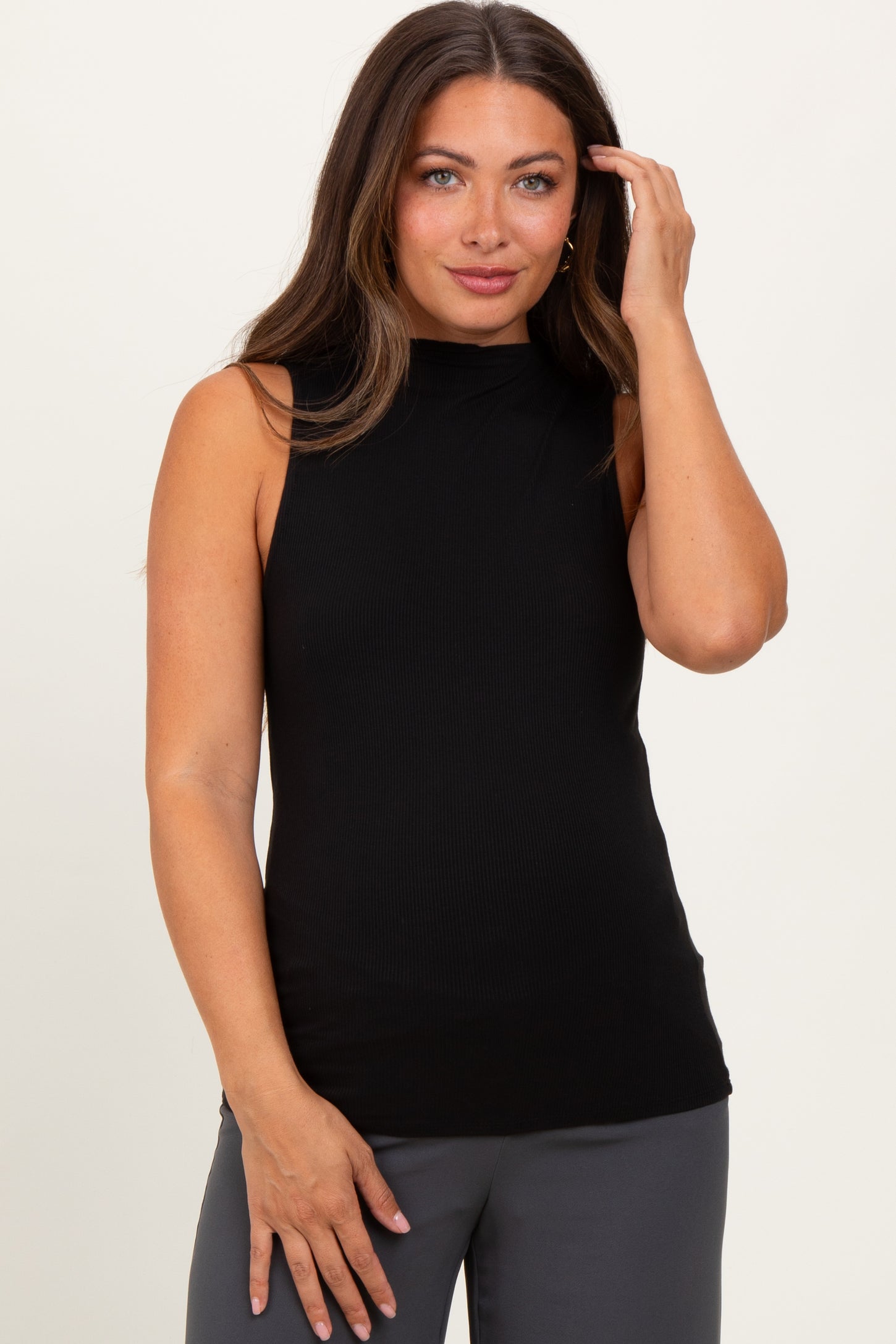 Black Ribbed Sleeveless Mock Neck Maternity Top