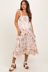 Brown Floral Ruffle Strap Tiered Maternity Midi Dress