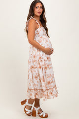 Brown Floral Ruffle Strap Tiered Maternity Midi Dress