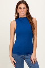 Navy Ribbed Sleeveless Mock Neck Top