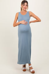 Light Blue Sleeveless Flared Scoop Neck Maternity Maxi Dress
