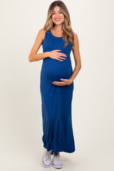 Navy Sleeveless Flared Scoop Neck Maternity Maxi Dress