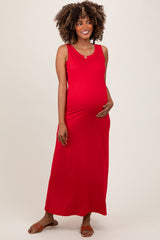 Red Sleeveless Flared Scoop Neck Maternity Maxi Dress