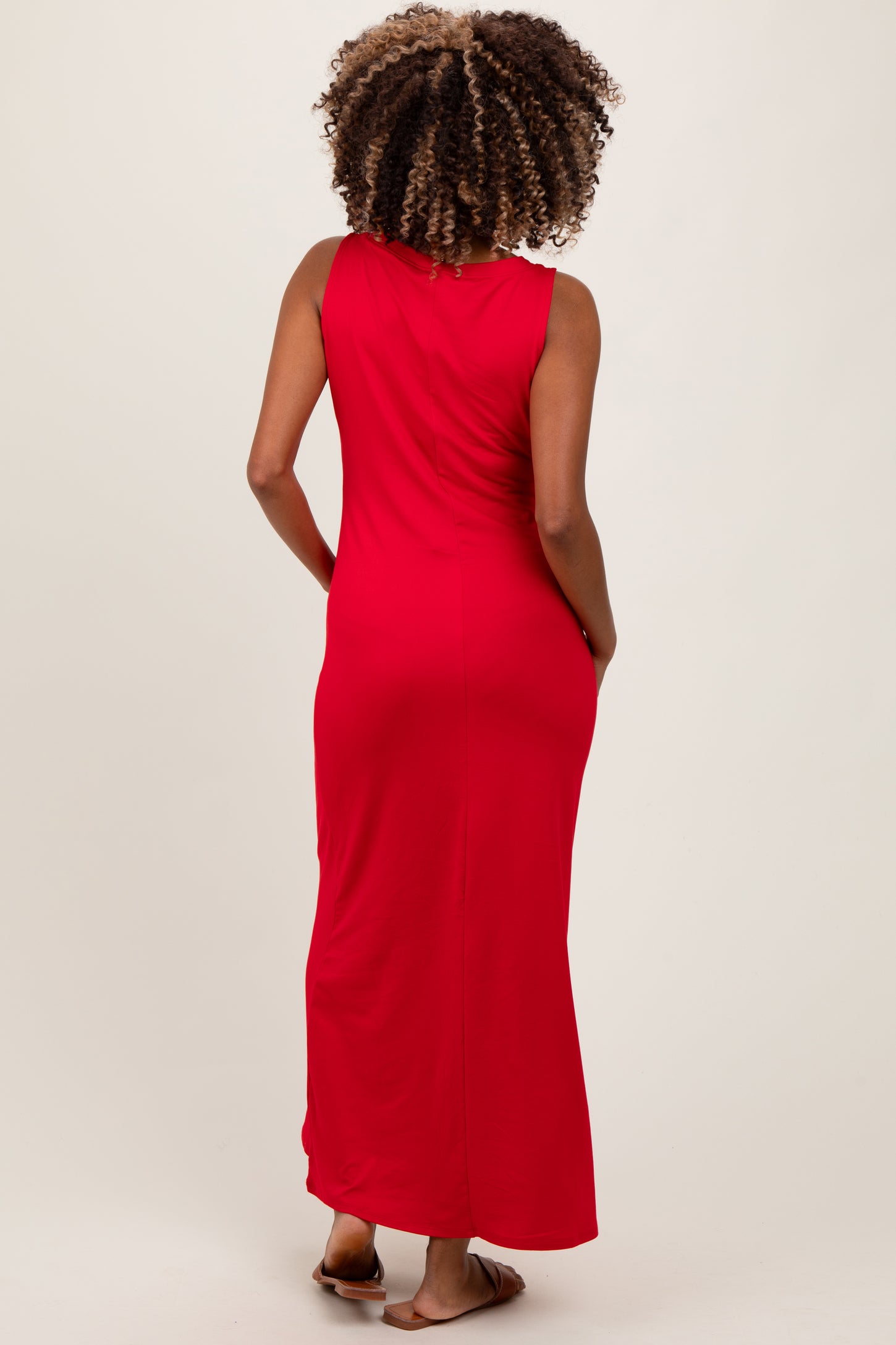 Red Sleeveless Flared Scoop Neck Maternity Maxi Dress