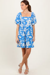 Blue Floral Puff Sleeve Mini Dress