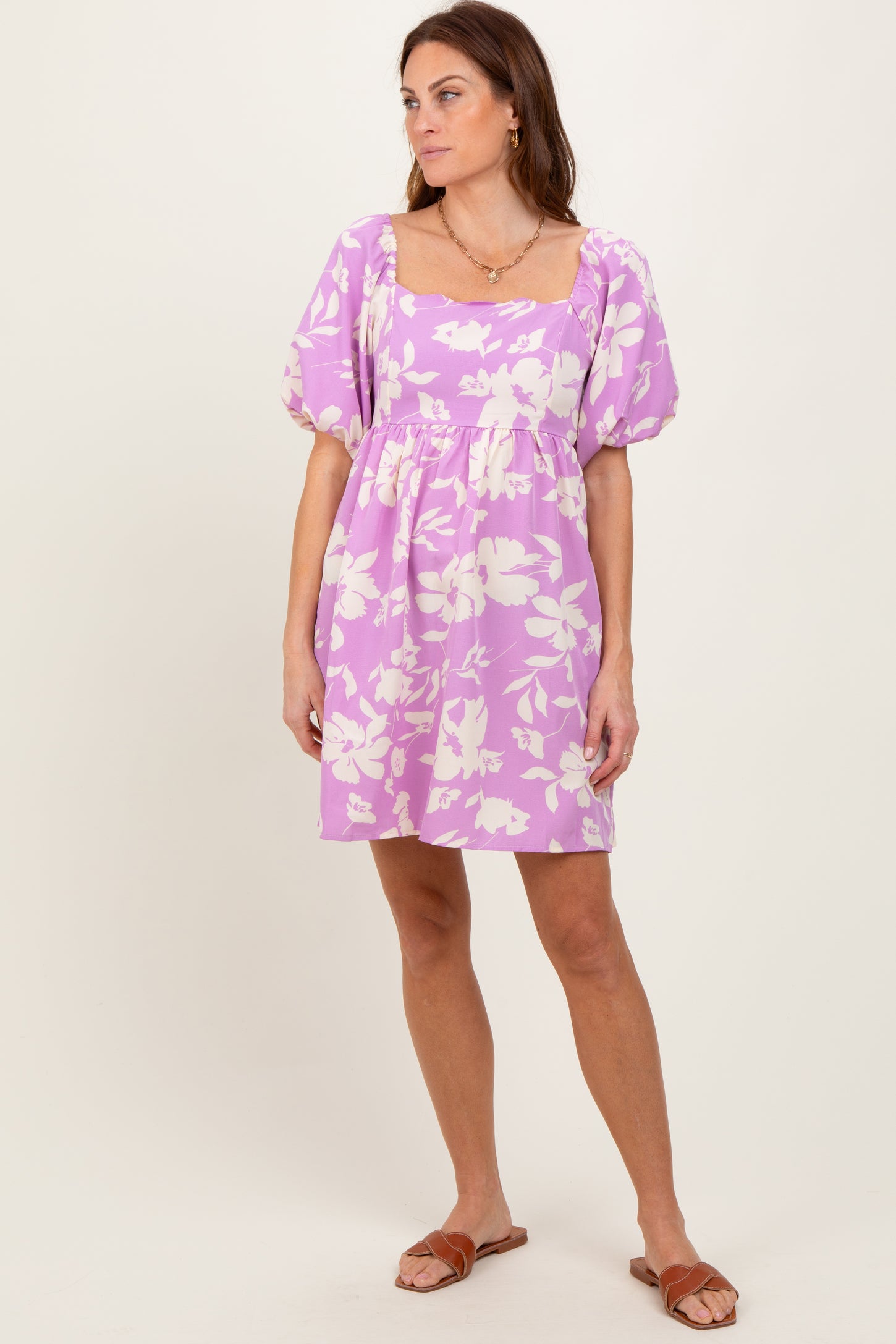 Lavender Floral Puff Sleeve Mini Dress