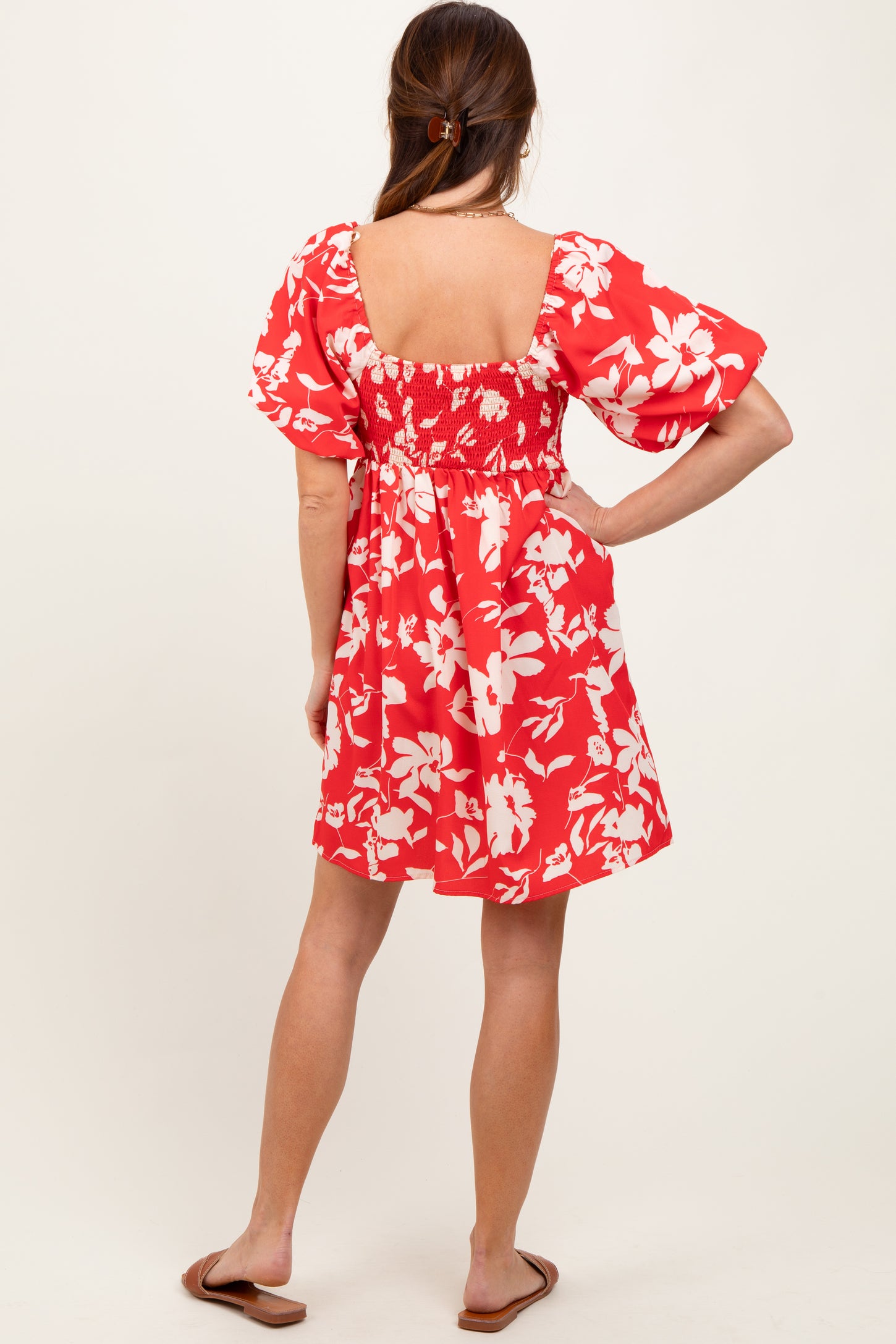 Red Floral Puff Sleeve Mini Dress