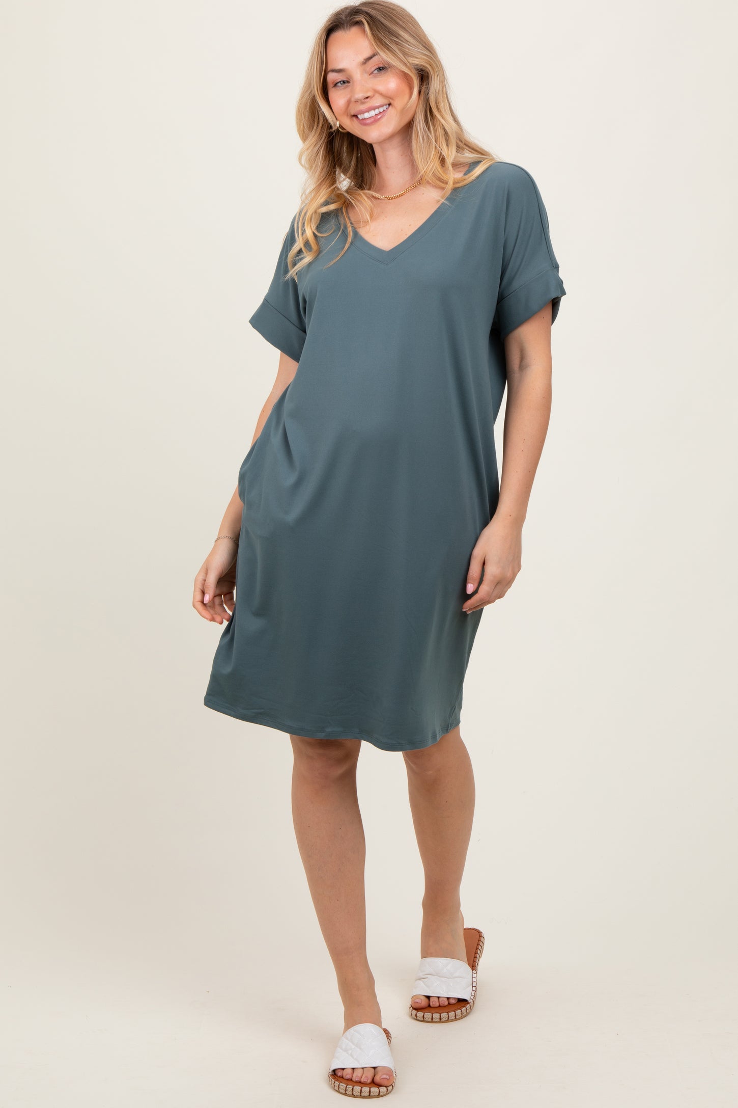 Jade Brushed Rolled Short Sleeve V-Neck Dress