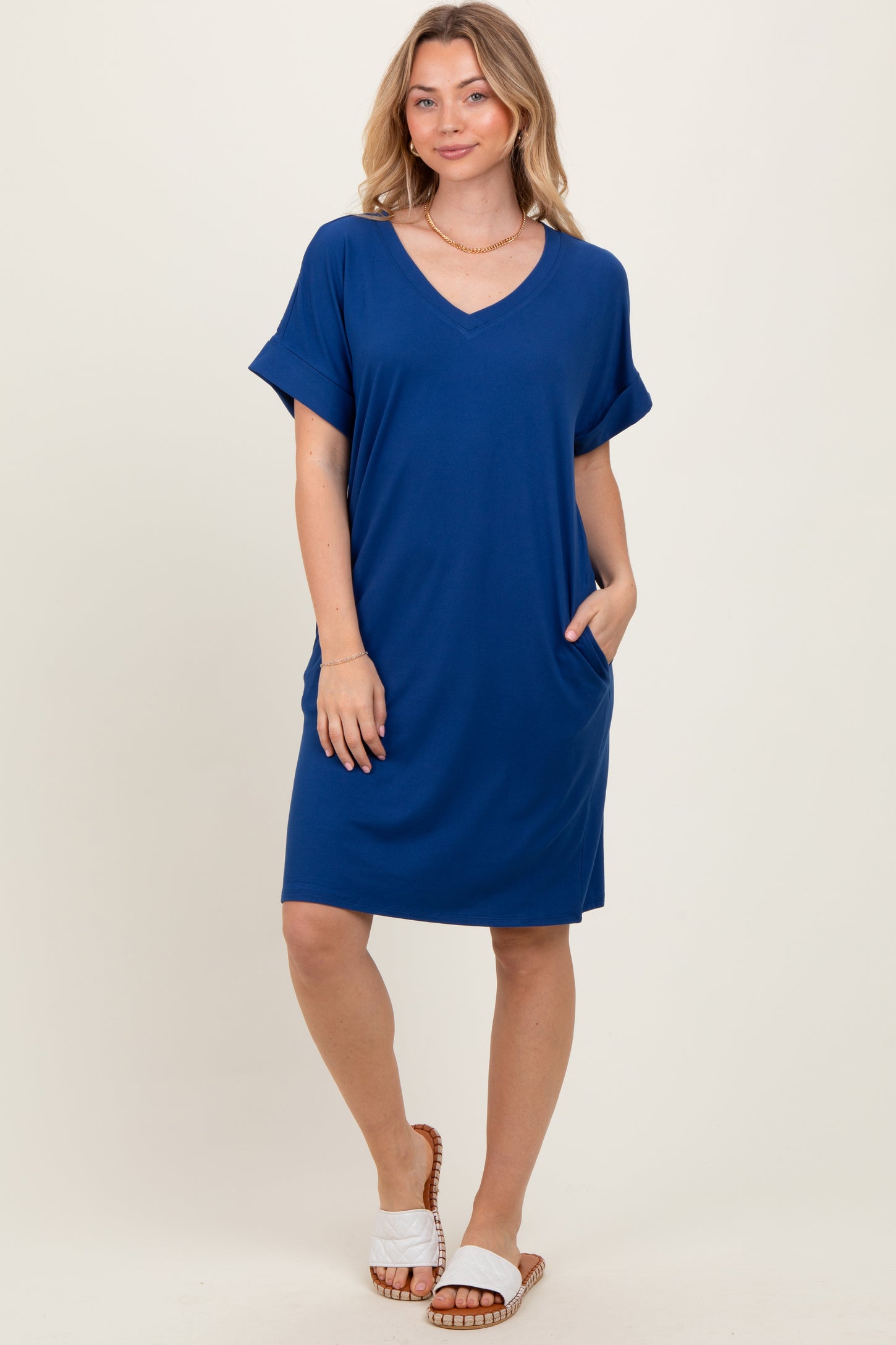 Navy Brushed Rolled Short Sleeve V-Neck Maternity Dress