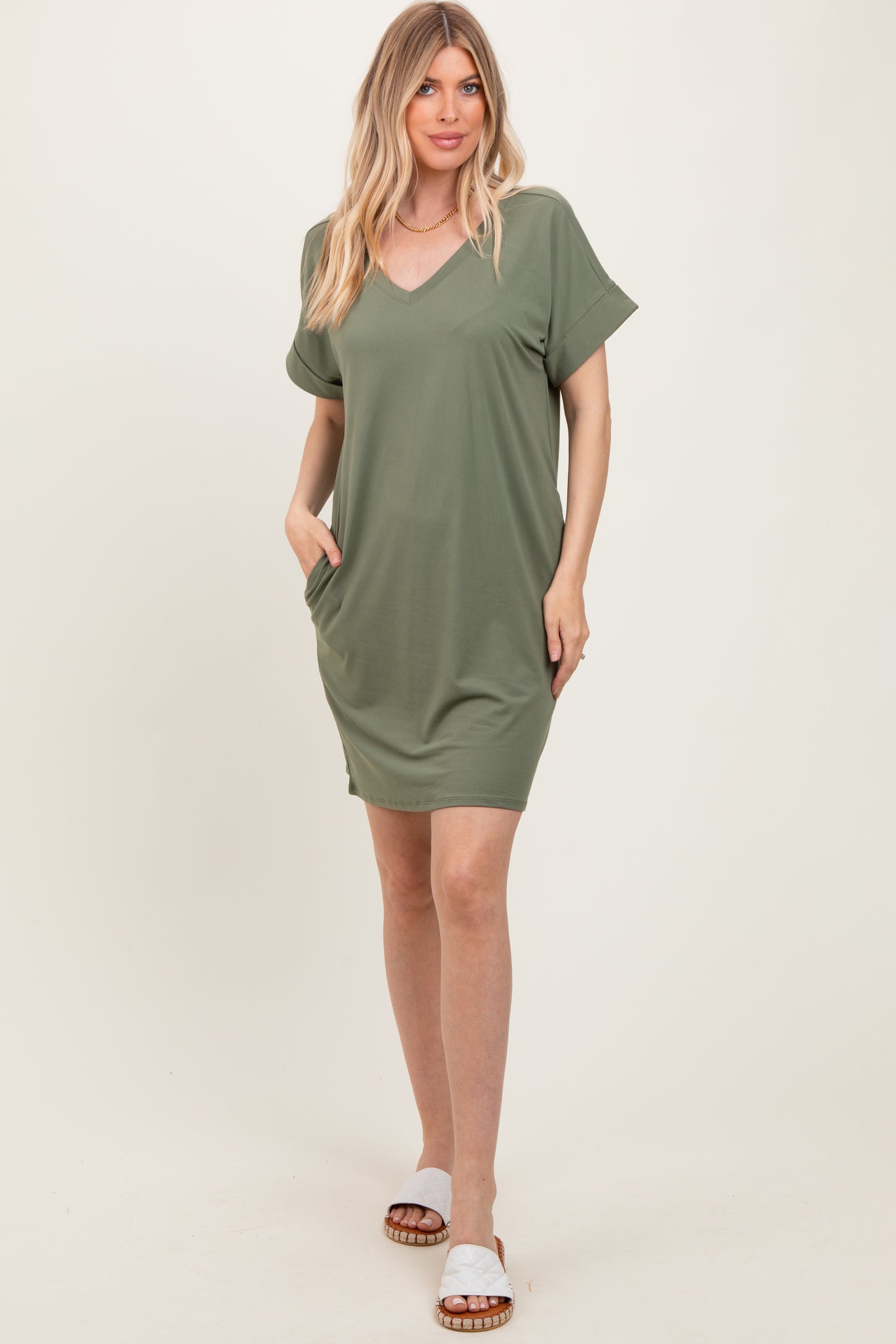 Light Olive Brushed Rolled Short Sleeve V-Neck Dress