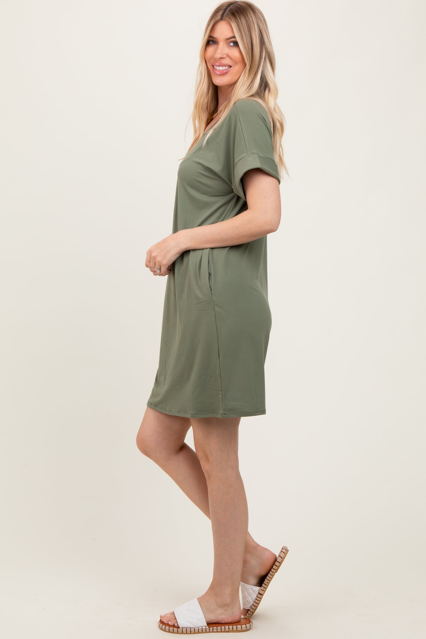 Light Olive Brushed Rolled Short Sleeve V-Neck Dress