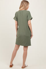 Light Olive Brushed Rolled Short Sleeve V-Neck Dress