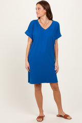 Royal Blue Brushed Rolled Short Sleeve V-Neck Dress
