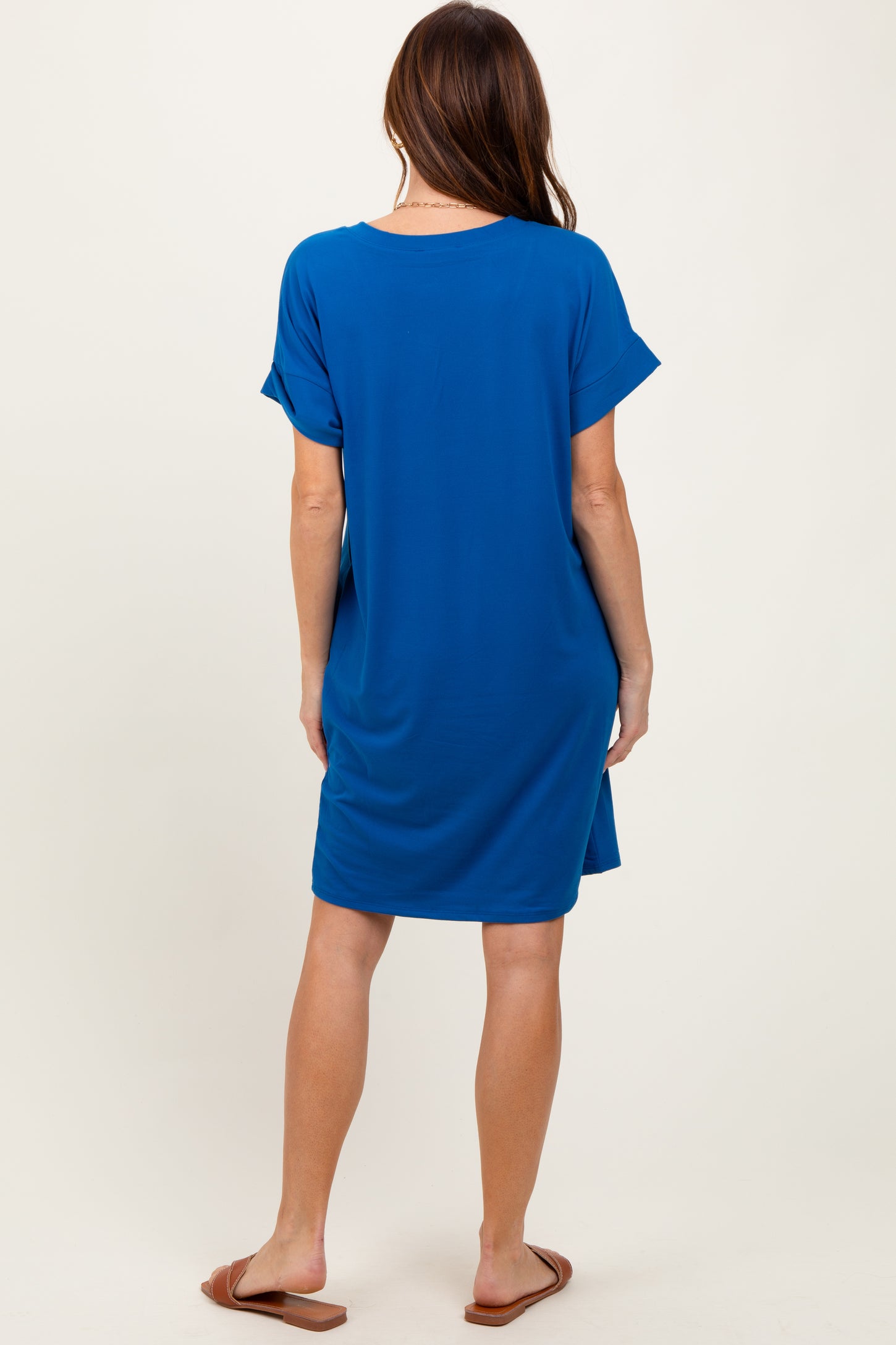Royal Blue Brushed Rolled Short Sleeve V-Neck Dress