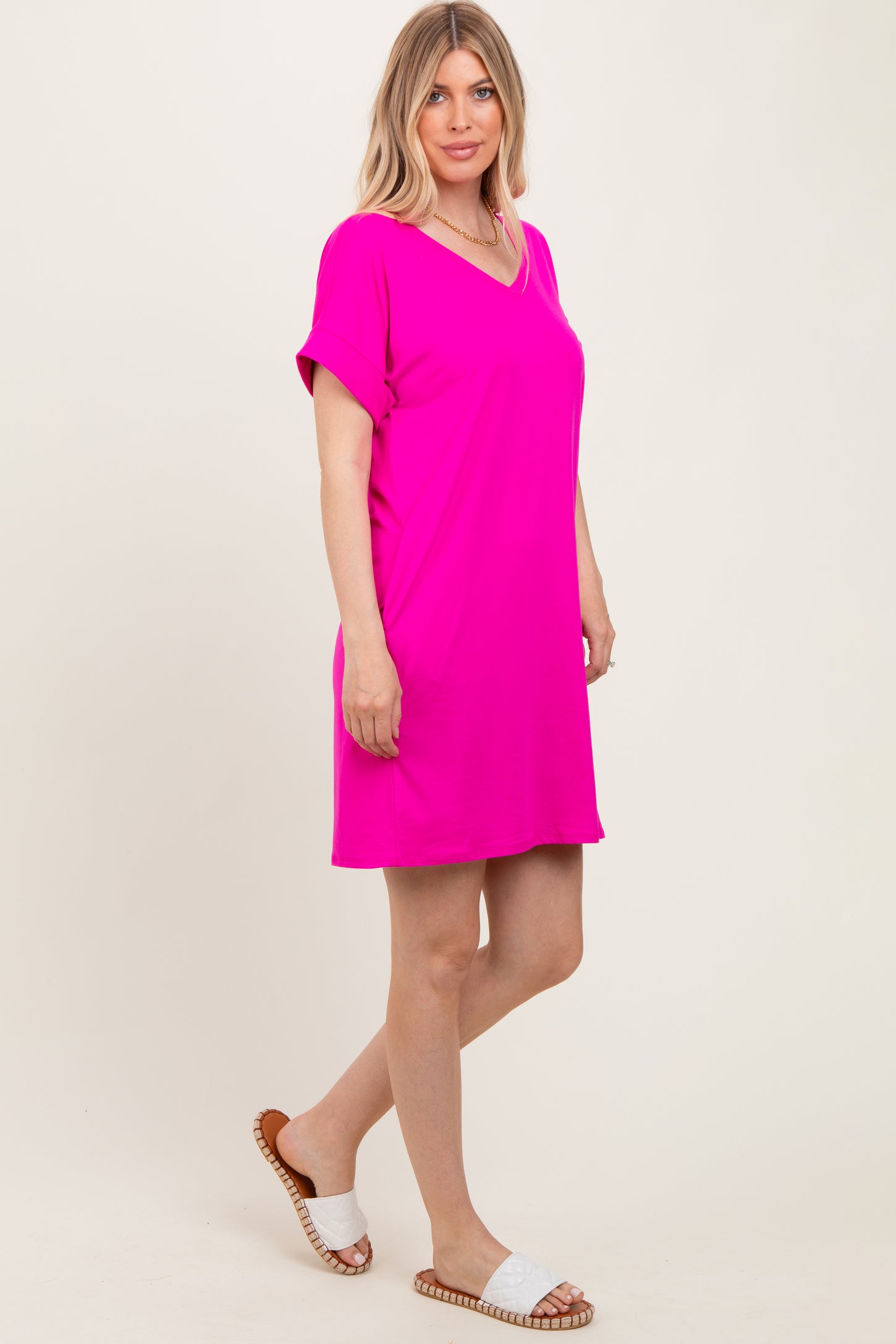 Fuchsia Brushed Rolled Short Sleeve V-Neck Dress