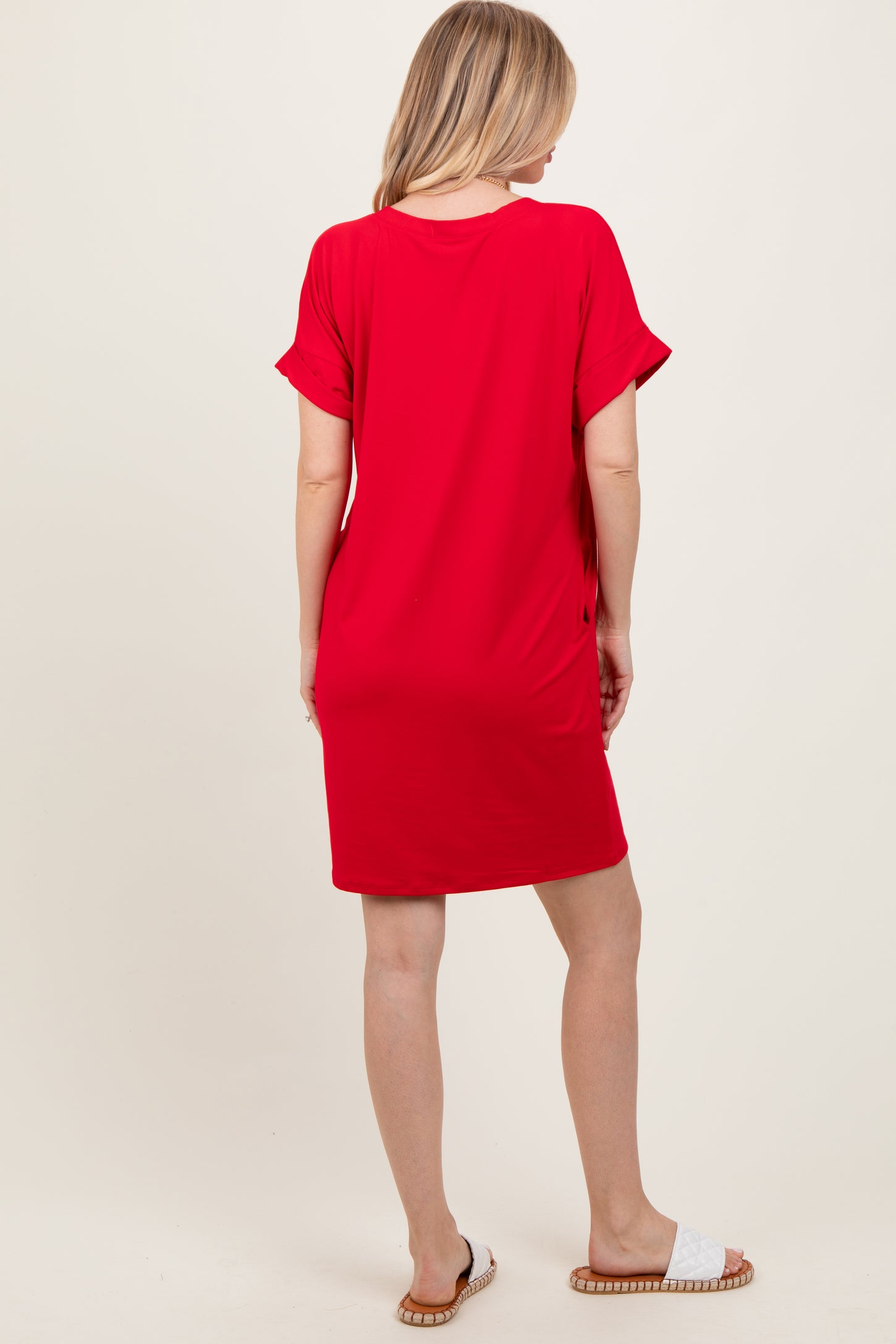 Red Brushed Rolled Short Sleeve V-Neck Dress