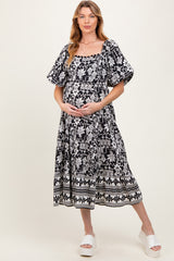 Black Floral Scallop Trim Maternity Midi Dress