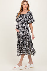 Black Floral Scallop Trim Maternity Midi Dress