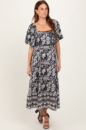 Black Floral Scallop Trim Midi Dress