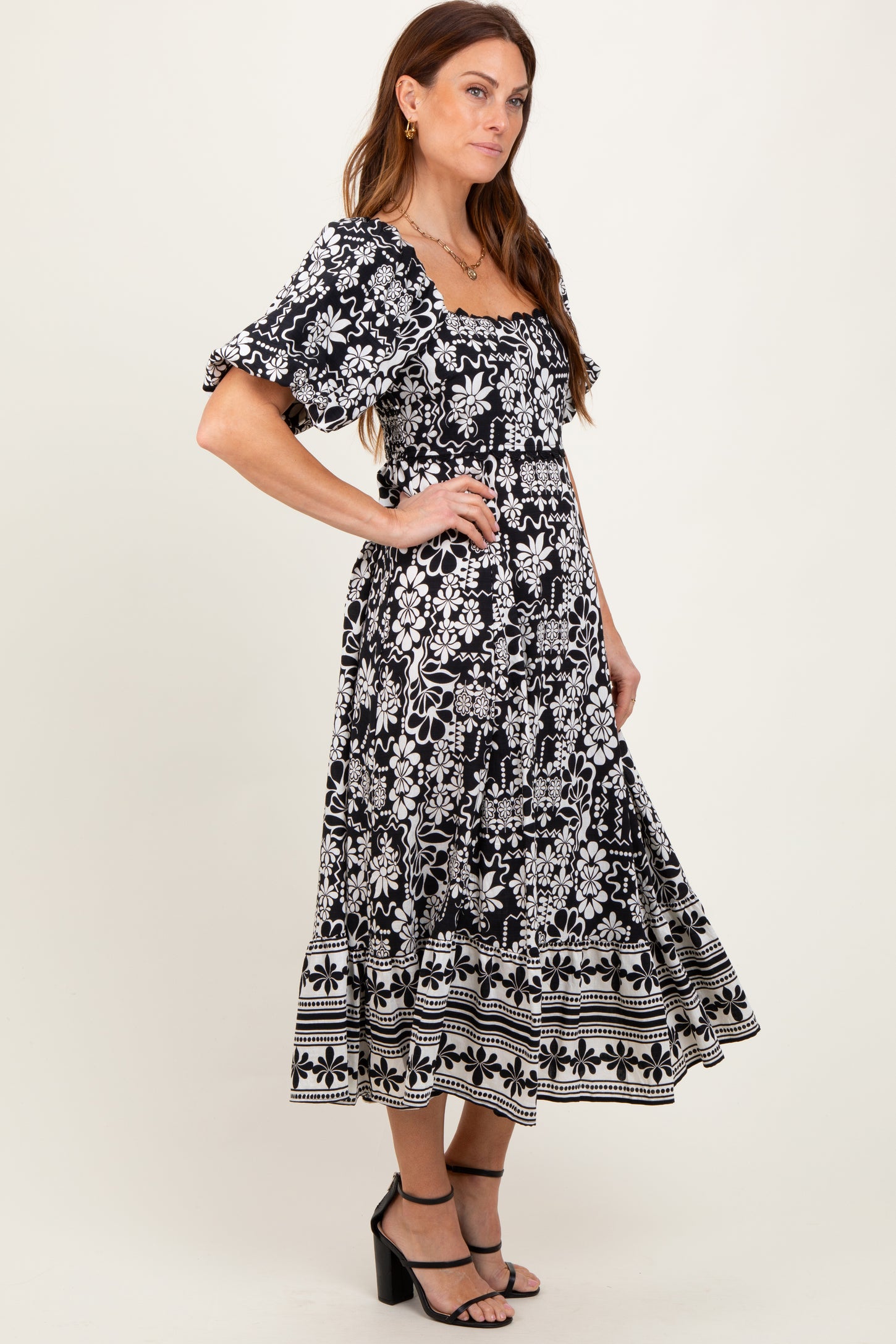 Black Floral Scallop Trim Midi Dress