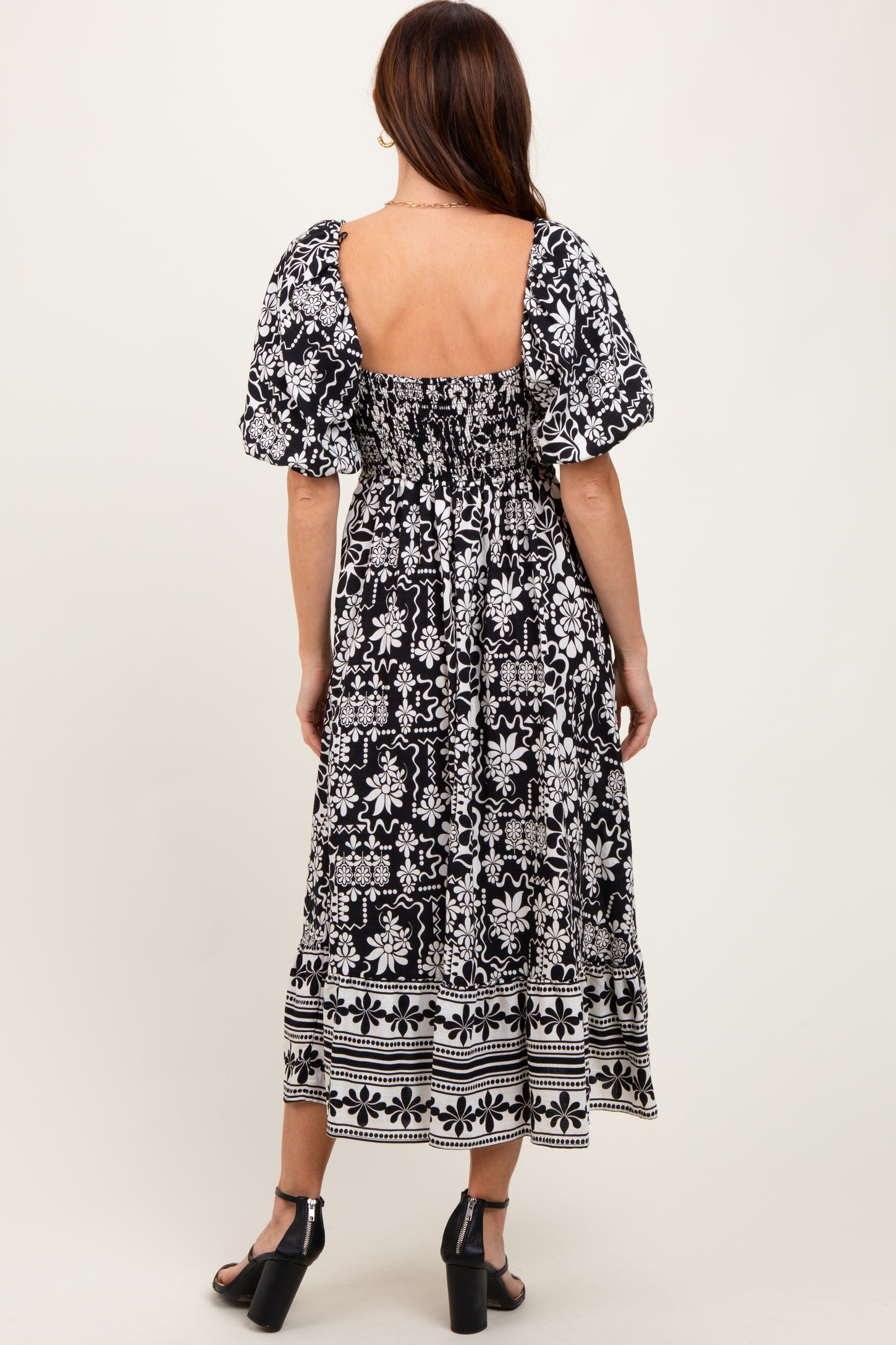 Black Floral Scallop Trim Midi Dress