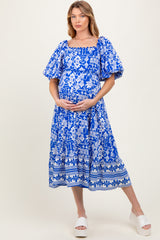Blue Floral Scallop Trim Maternity Midi Dress