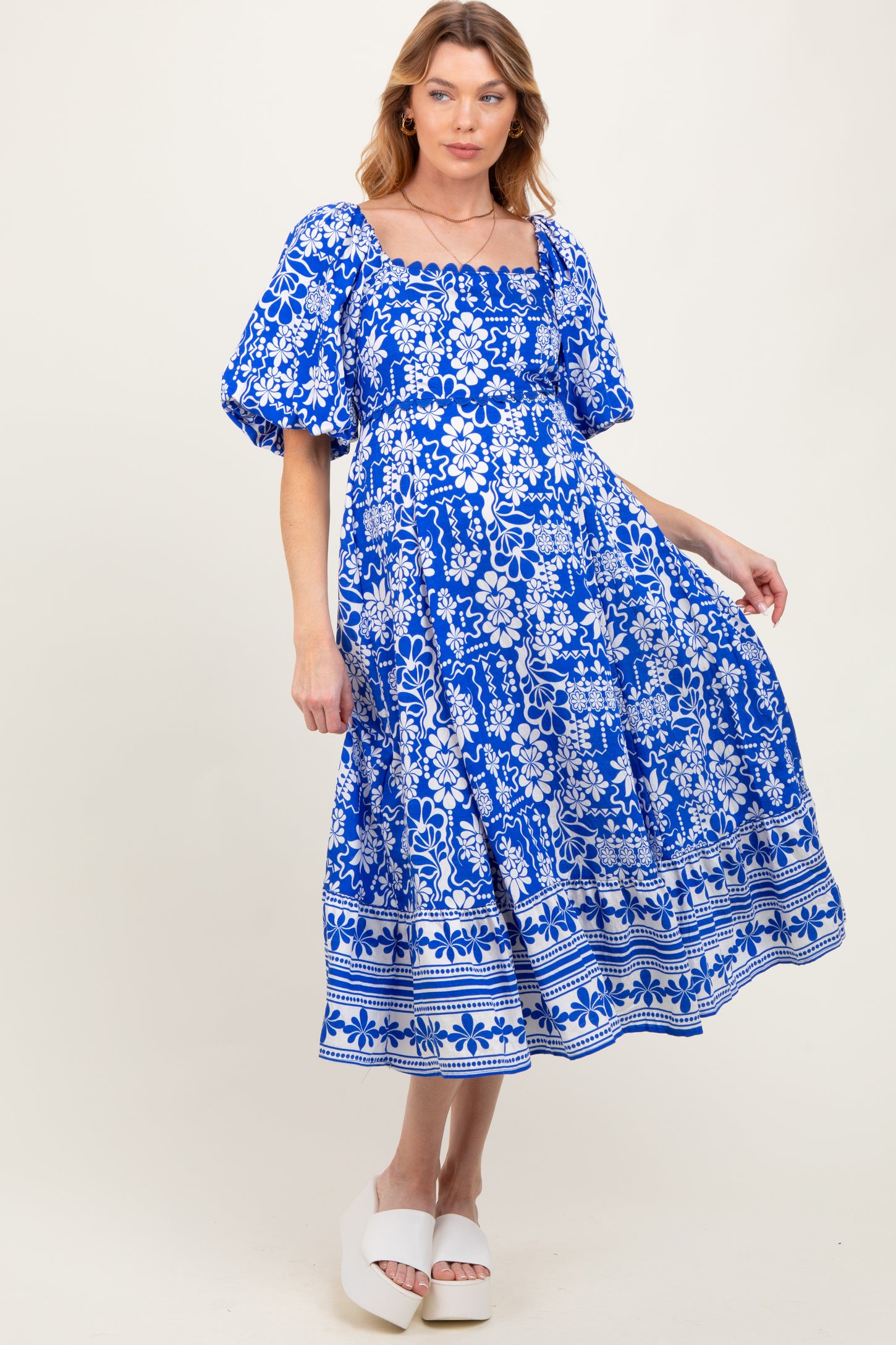 Blue Floral Scallop Trim Maternity Midi Dress