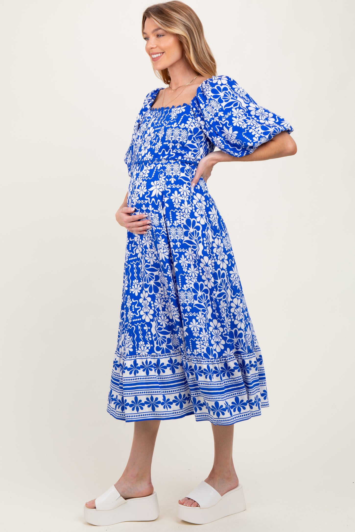 Blue Floral Scallop Trim Maternity Midi Dress