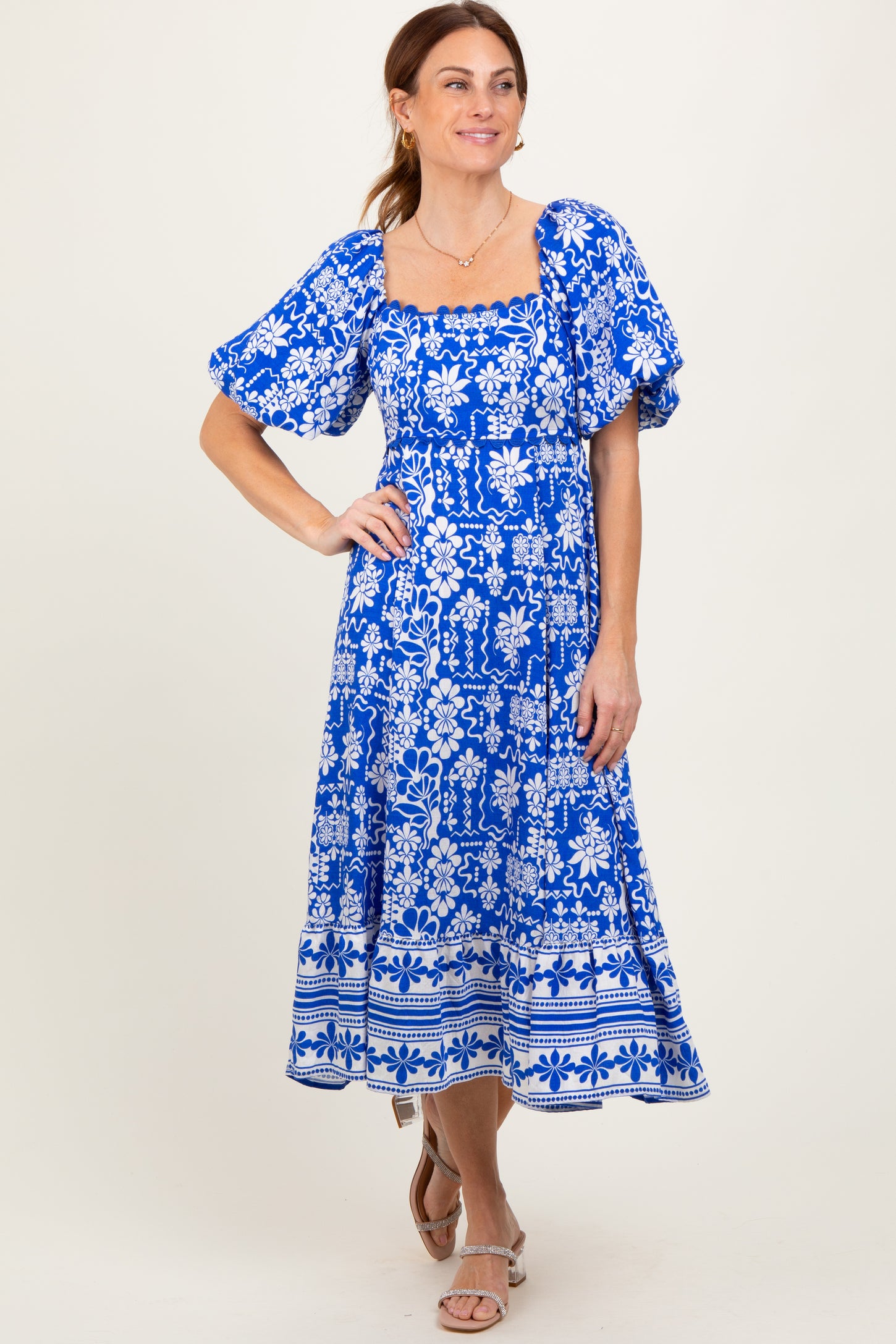 Blue Floral Scallop Trim Midi Dress
