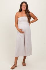 Beige Double Layered Strapless Tube Top Maternity Jumpsuit