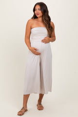 Beige Double Layered Strapless Tube Top Maternity Jumpsuit