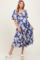 Navy Floral Scallop Trim Puff Sleeve Maternity Midi Dress