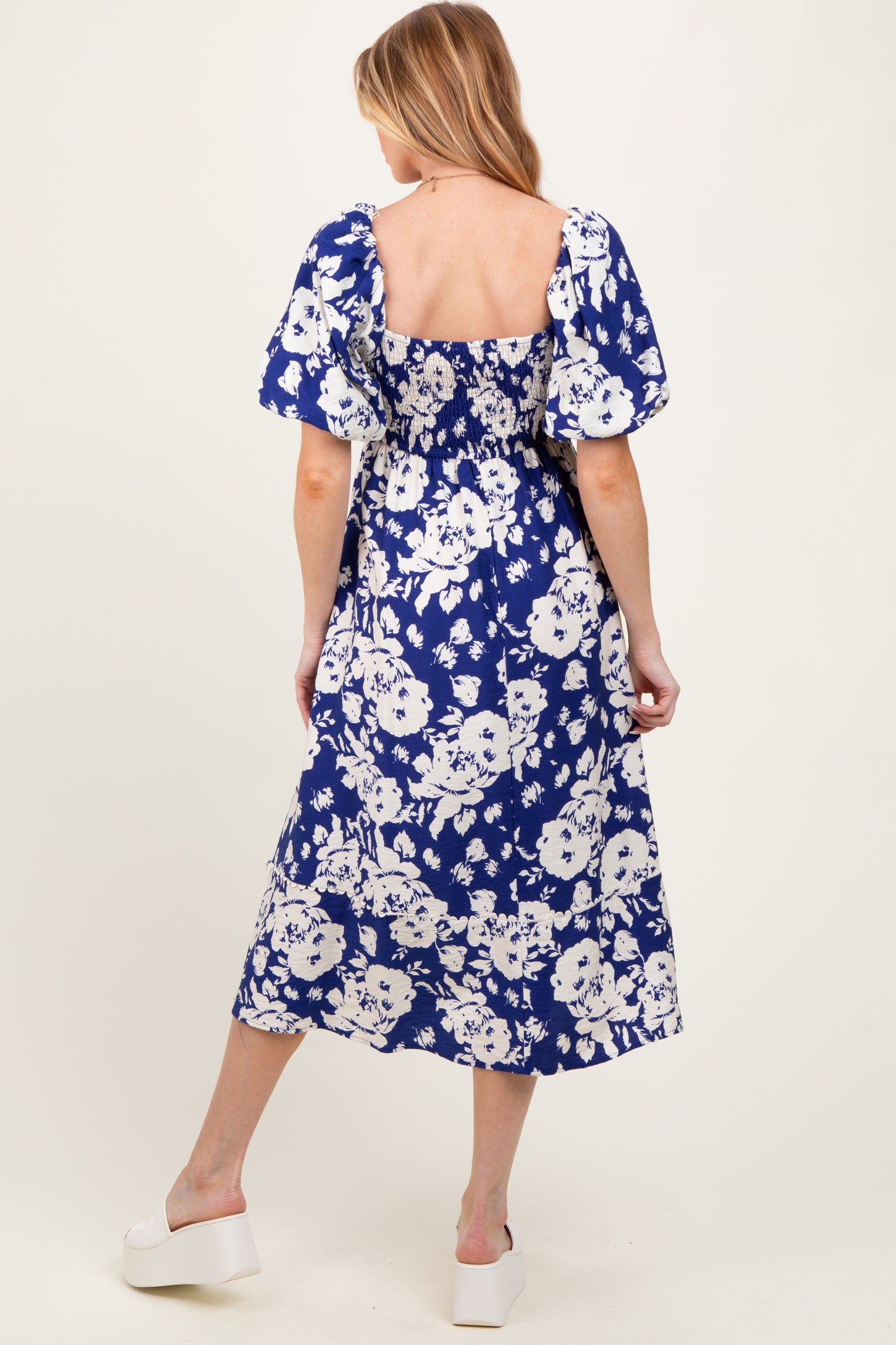 Navy Floral Scallop Trim Puff Sleeve Maternity Midi Dress