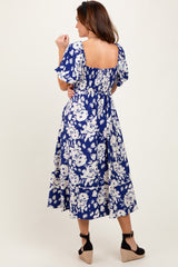 Navy Floral Scallop Trim Puff Sleeve Midi Dress