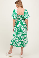 Green Floral Scallop Trim Puff Sleeve Maternity Midi Dress