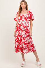 Red Floral Scallop Trim Puff Sleeve Maternity Midi Dress