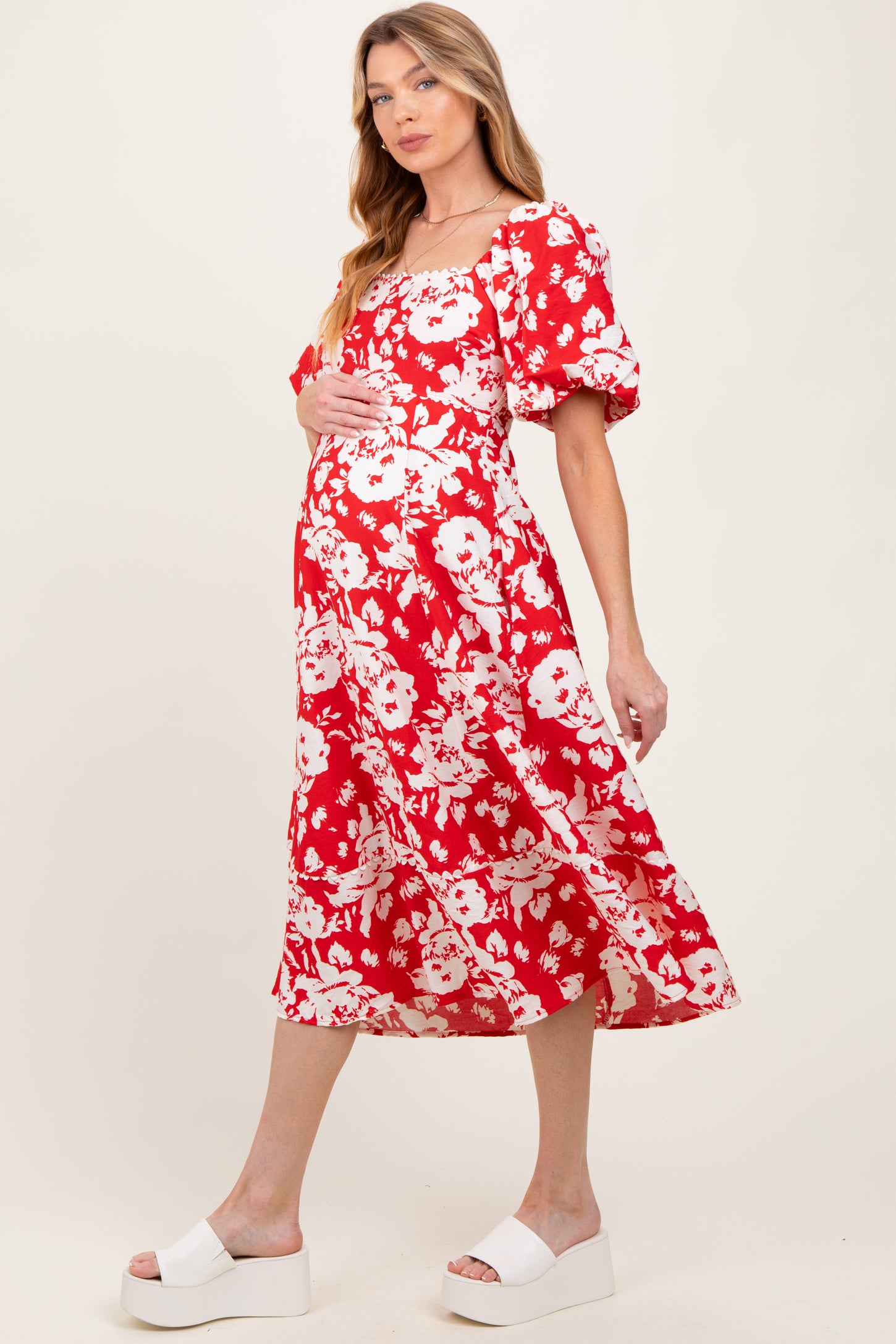 Red Floral Scallop Trim Puff Sleeve Maternity Midi Dress