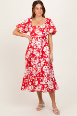 Red Floral Scallop Trim Puff Sleeve Midi Dress