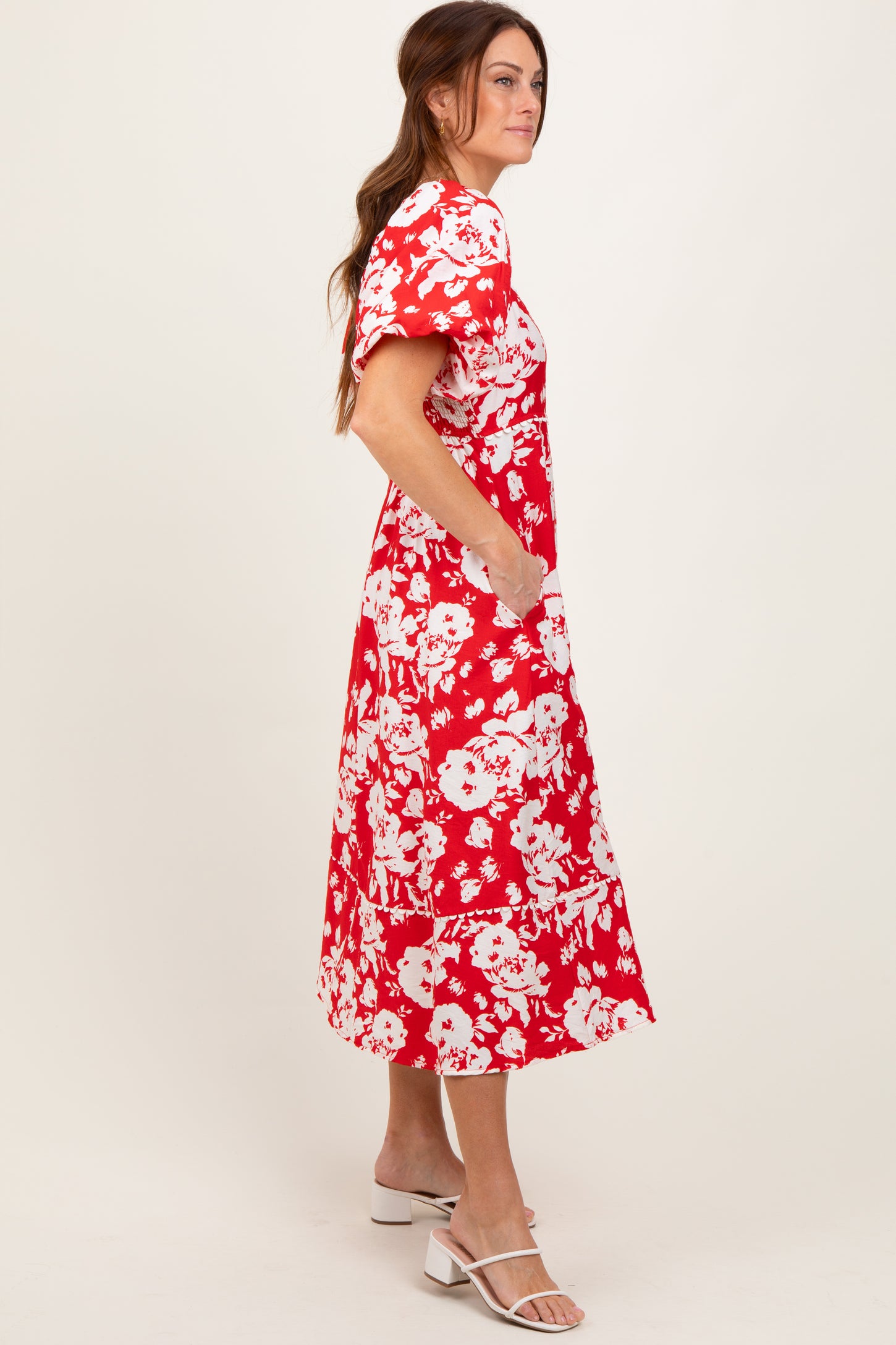 Red Floral Scallop Trim Puff Sleeve Midi Dress