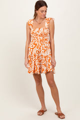 Orange Printed Smocked Ruffle Strap Dress