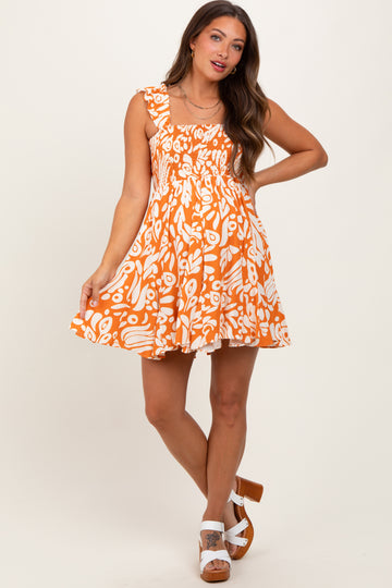 Orange Printed Smocked Ruffle Strap Maternity Dress