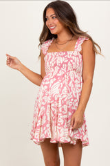 Pink Printed Smocked Ruffle Strap Maternity Dress
